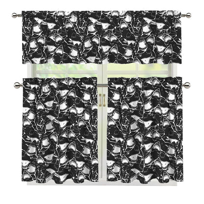 Grey And White Shark Pattern Print 3 Piece Kitchen Curtains