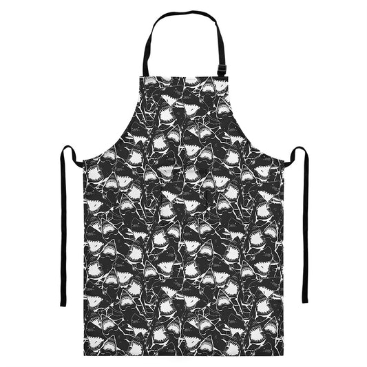 Grey And White Shark Pattern Print Bib Apron With Pocket