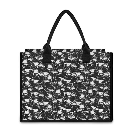 Grey And White Shark Pattern Print Canvas Tote Bag