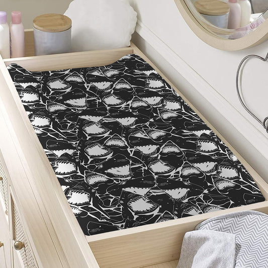 Grey And White Shark Pattern Print Changing Pad Cover