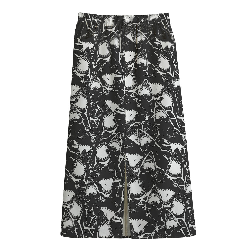 Grey And White Shark Pattern Print Cotton Front Slit Maxi Skirt