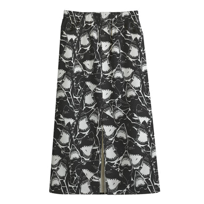 Grey And White Shark Pattern Print Cotton Front Slit Maxi Skirt
