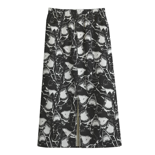 Grey And White Shark Pattern Print Cotton Front Slit Maxi Skirt