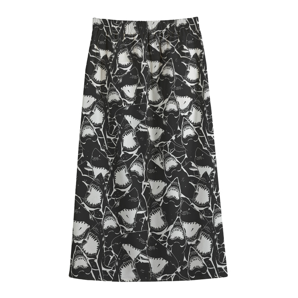 Grey And White Shark Pattern Print Cotton Front Slit Maxi Skirt