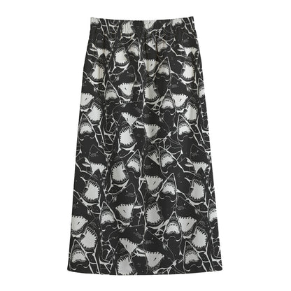 Grey And White Shark Pattern Print Cotton Front Slit Maxi Skirt