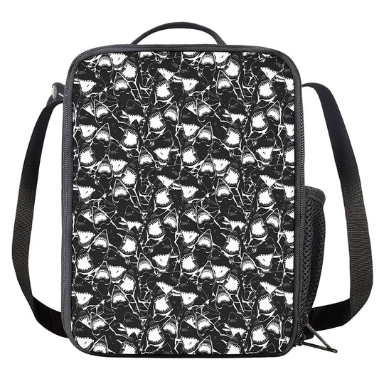 Grey And White Shark Pattern Print Crossbody Lunch Bag