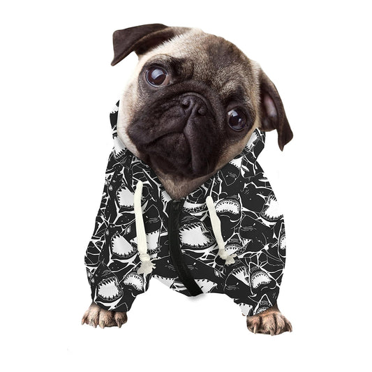 Grey And White Shark Pattern Print Dog Zip Up Hoodie