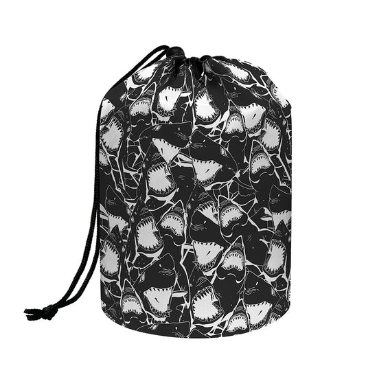 Grey And White Shark Pattern Print Drawstring Makeup Bag