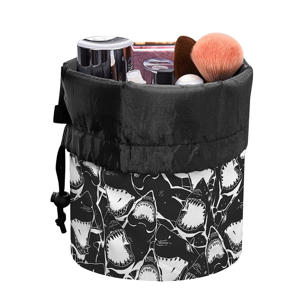 Grey And White Shark Pattern Print Drawstring Makeup Bag