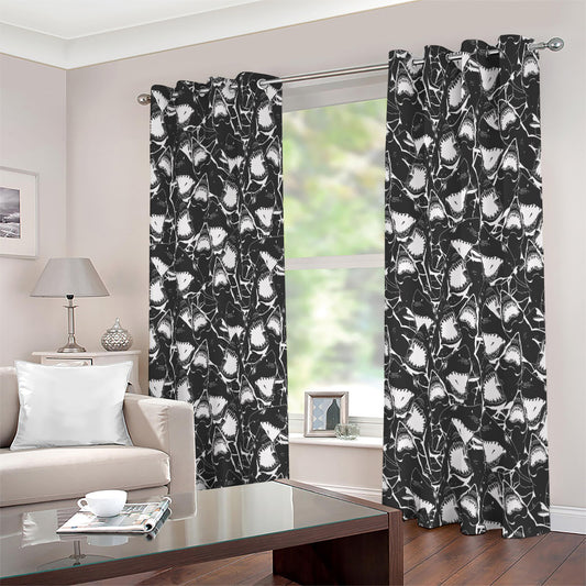 Grey And White Shark Pattern Print Extra Wide Grommet Curtains