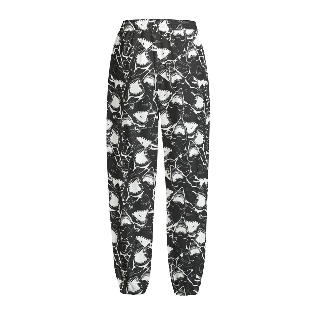 Grey And White Shark Pattern Print Fleece Lined Knit Pants