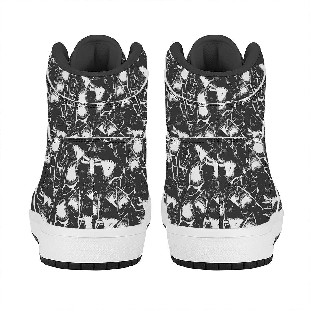 Grey And White Shark Pattern Print High Top Leather Sneakers