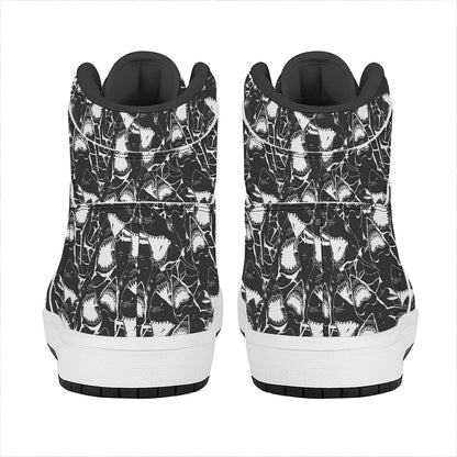 Grey And White Shark Pattern Print High Top Leather Sneakers