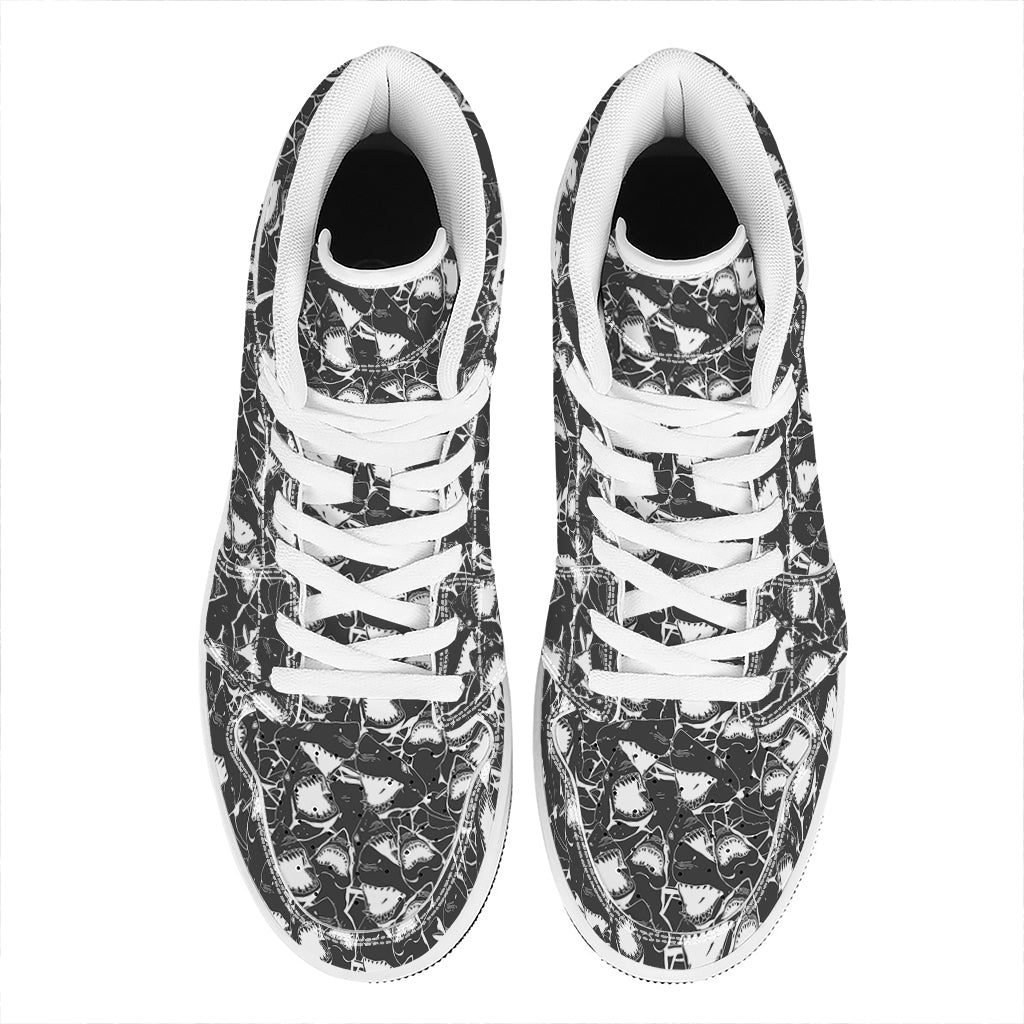 Grey And White Shark Pattern Print High Top Leather Sneakers