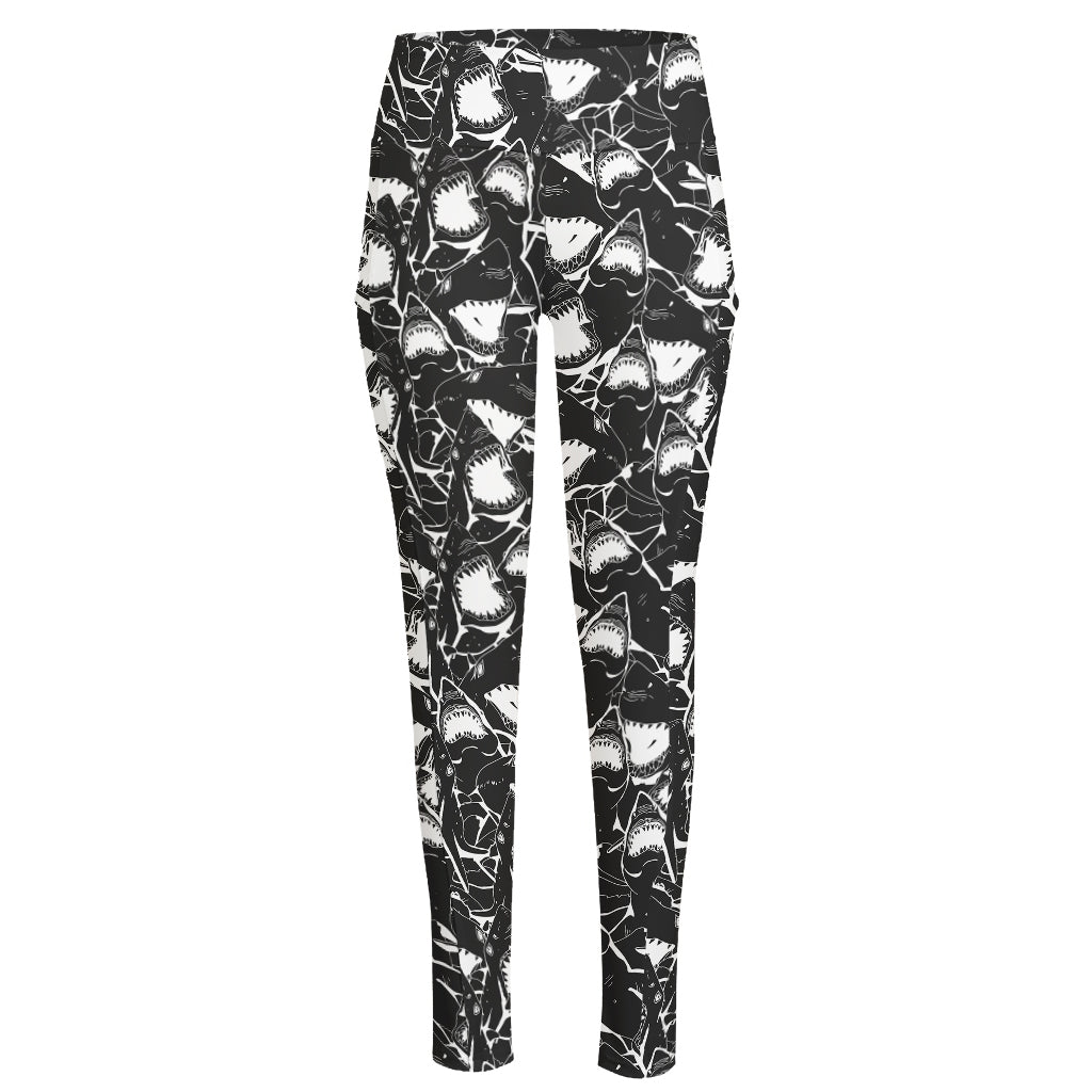 Grey And White Shark Pattern Print High-Waisted Pocket Leggings