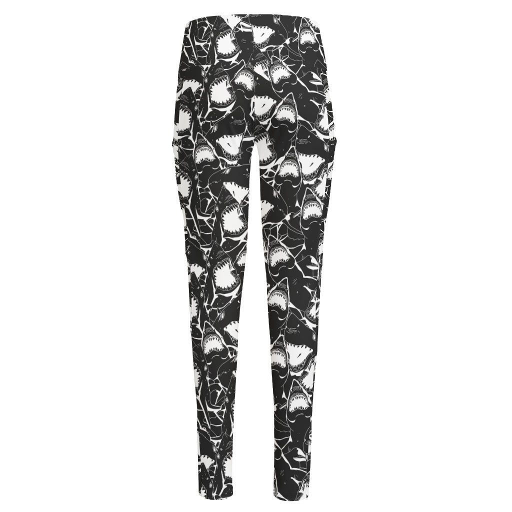 Grey And White Shark Pattern Print High-Waisted Pocket Leggings