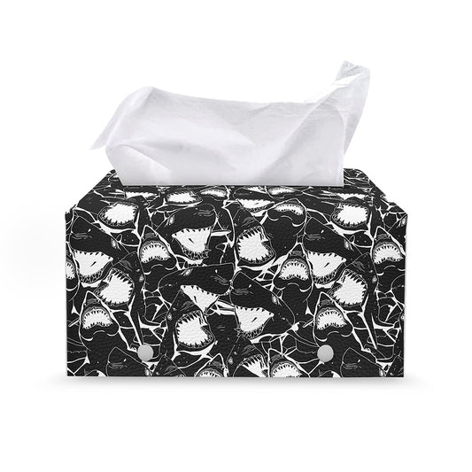 Grey And White Shark Pattern Print Leather Tissue Box Cover