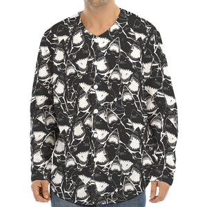 Grey And White Shark Pattern Print Long Sleeve Baseball Jersey