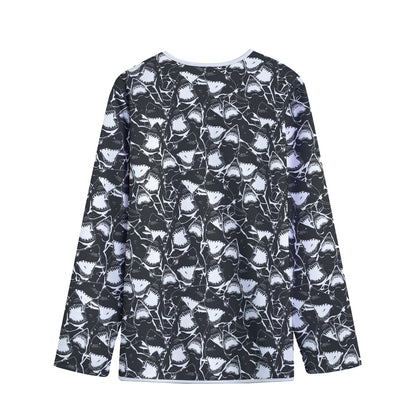 Grey And White Shark Pattern Print Long Sleeve Short Coat