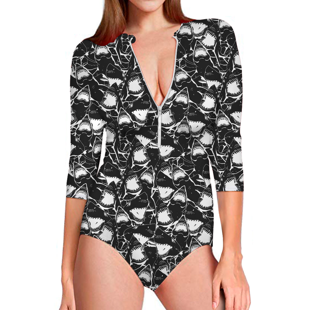 Grey And White Shark Pattern Print Long Sleeve Swimsuit