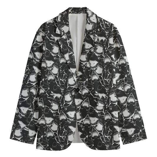 Grey And White Shark Pattern Print Men's Blazer