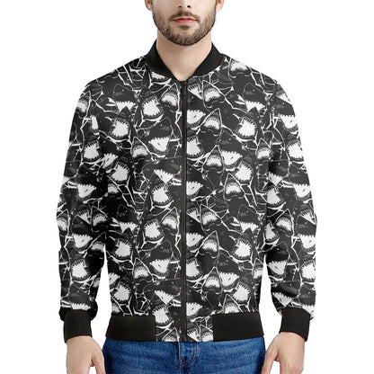 Grey And White Shark Pattern Print Men's Bomber Jacket
