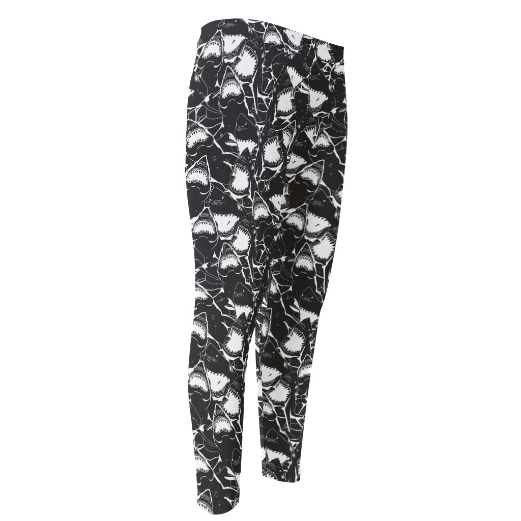 Grey And White Shark Pattern Print Men's Compression Pants