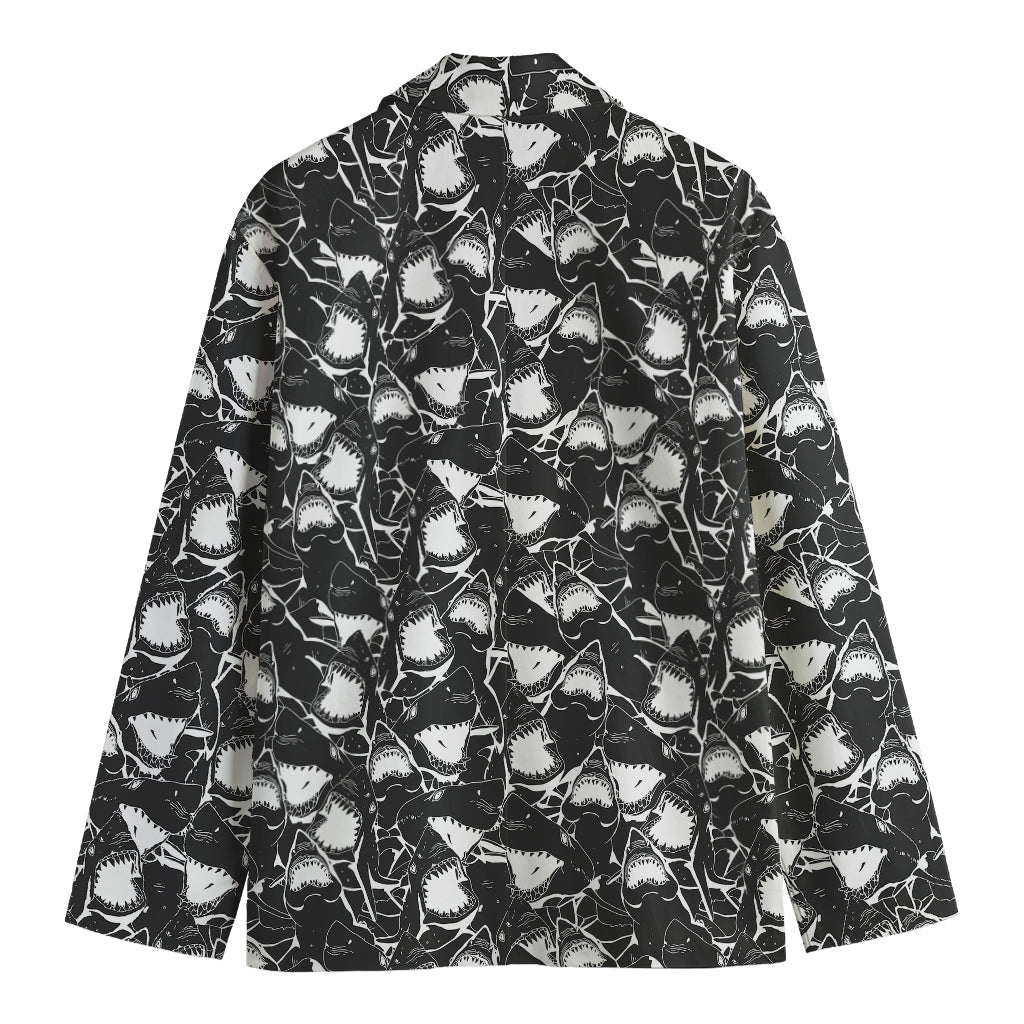 Grey And White Shark Pattern Print Men's Cotton Blazer