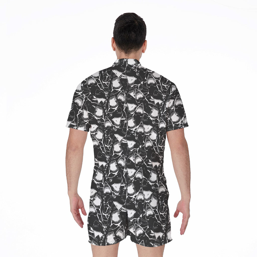 Grey And White Shark Pattern Print Men's Rompers