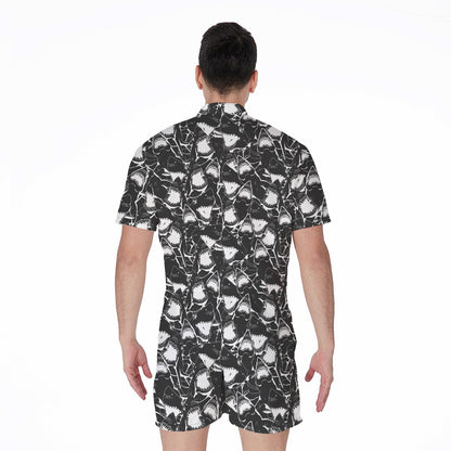 Grey And White Shark Pattern Print Men's Rompers