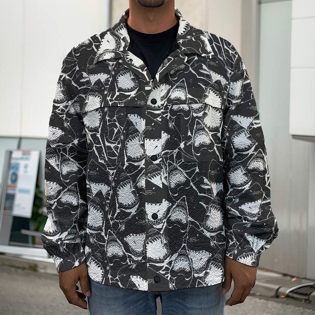 Grey And White Shark Pattern Print Men's Shirt Jacket