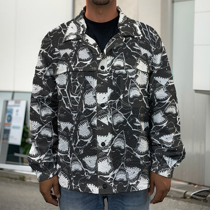 Grey And White Shark Pattern Print Men's Shirt Jacket