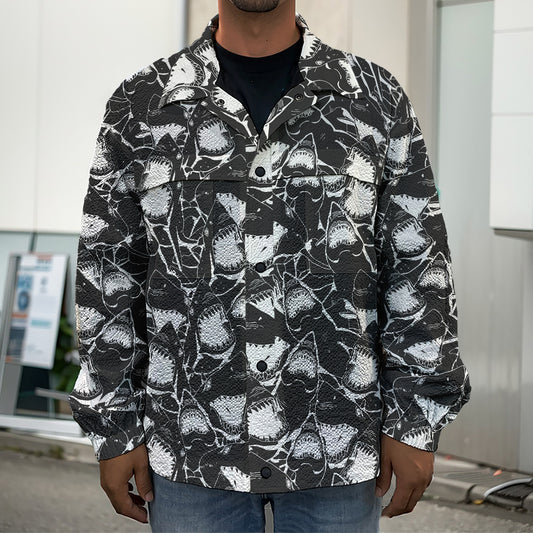 Grey And White Shark Pattern Print Men's Shirt Jacket