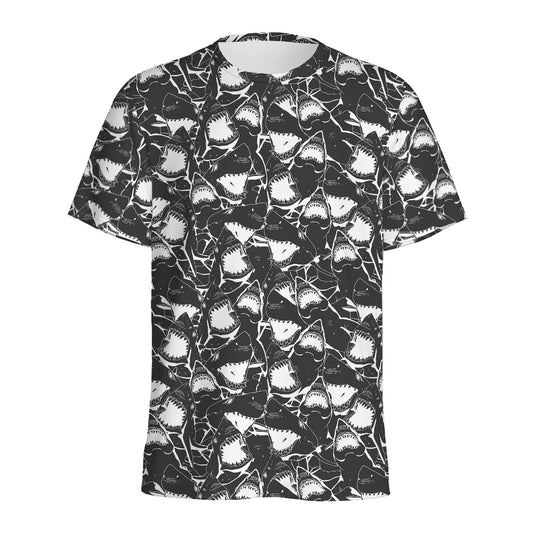 Grey And White Shark Pattern Print Men's Sports T-Shirt