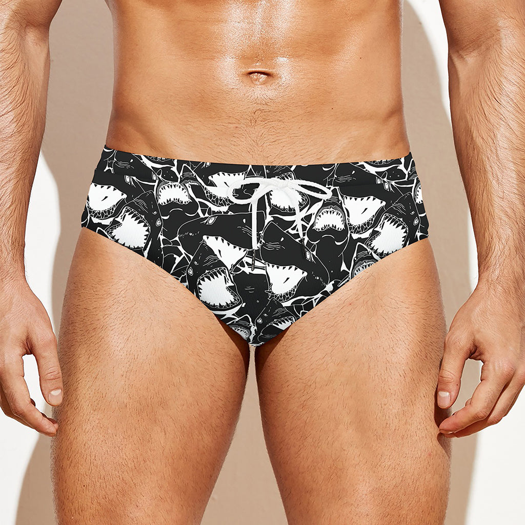 Grey And White Shark Pattern Print Men's Swim Briefs