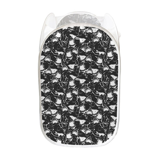 Grey And White Shark Pattern Print Mesh Laundry Hamper