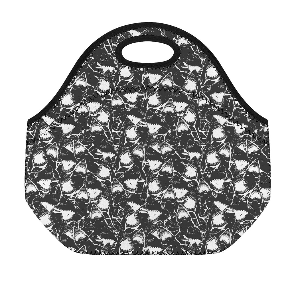 Grey And White Shark Pattern Print Neoprene Lunch Bag