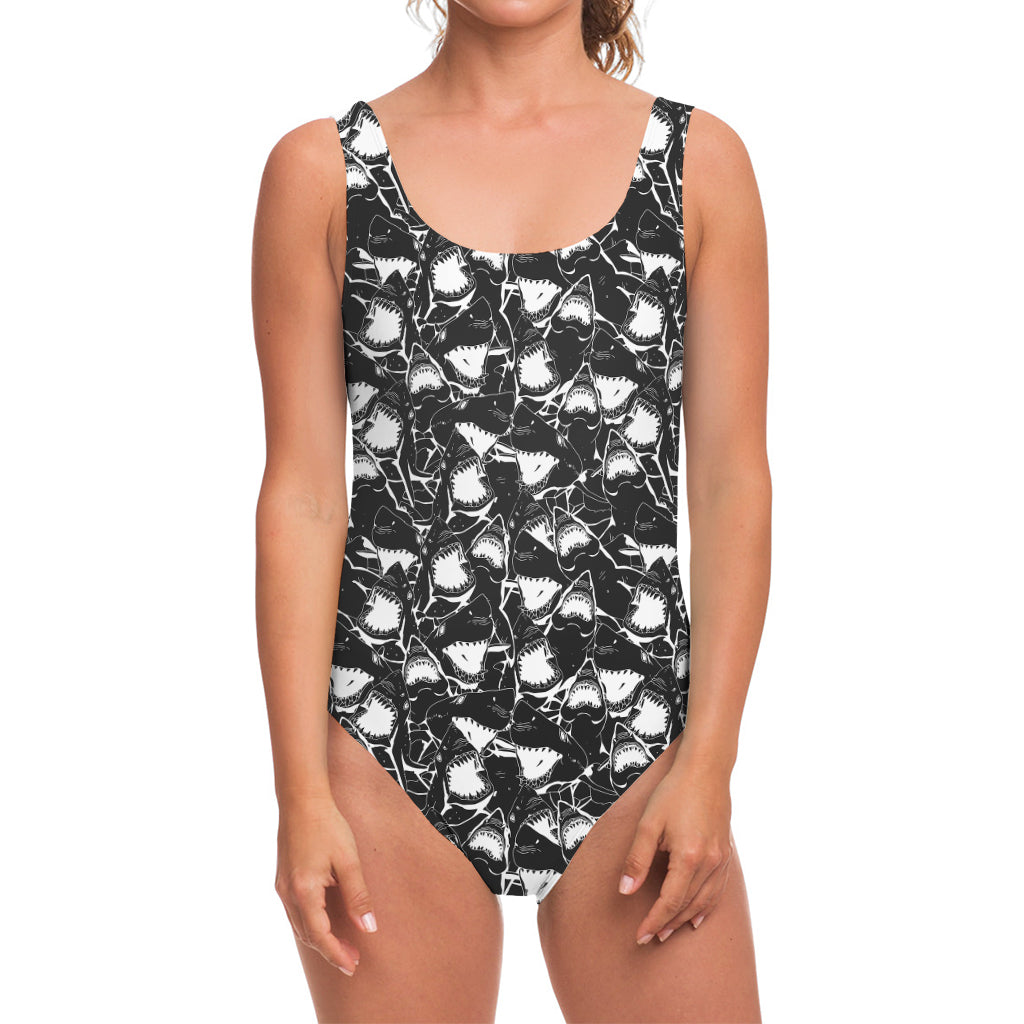 Grey And White Shark Pattern Print One Piece Swimsuit