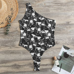 Grey And White Shark Pattern Print One Shoulder Bodysuit