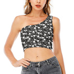Grey And White Shark Pattern Print One Shoulder Crop Top