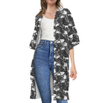 Grey And White Shark Pattern Print Open Front Beach Cover Up