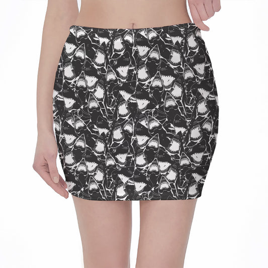 Grey And White Shark Pattern Print Pencil Mini Skirt