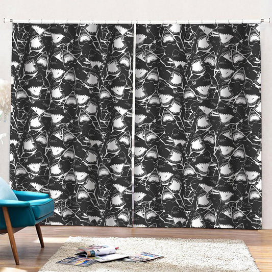 Grey And White Shark Pattern Print Pencil Pleat Curtains