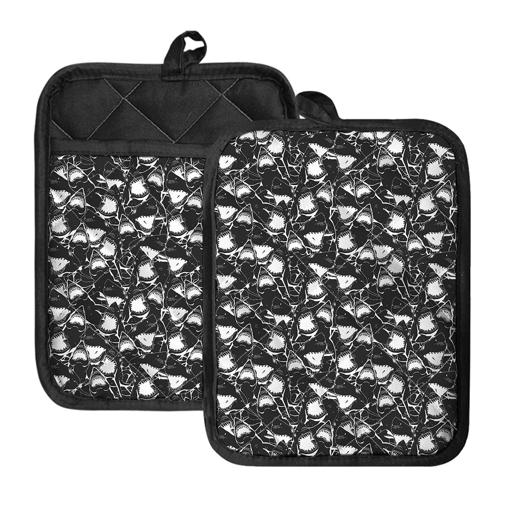 Grey And White Shark Pattern Print Pot Holders With Pocket