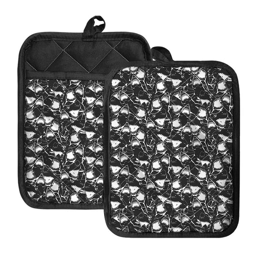 Grey And White Shark Pattern Print Pot Holders With Pocket