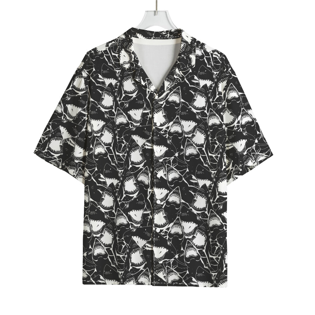 Grey And White Shark Pattern Print Rayon Hawaiian Shirt