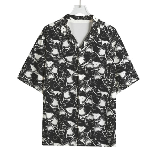 Grey And White Shark Pattern Print Rayon Hawaiian Shirt