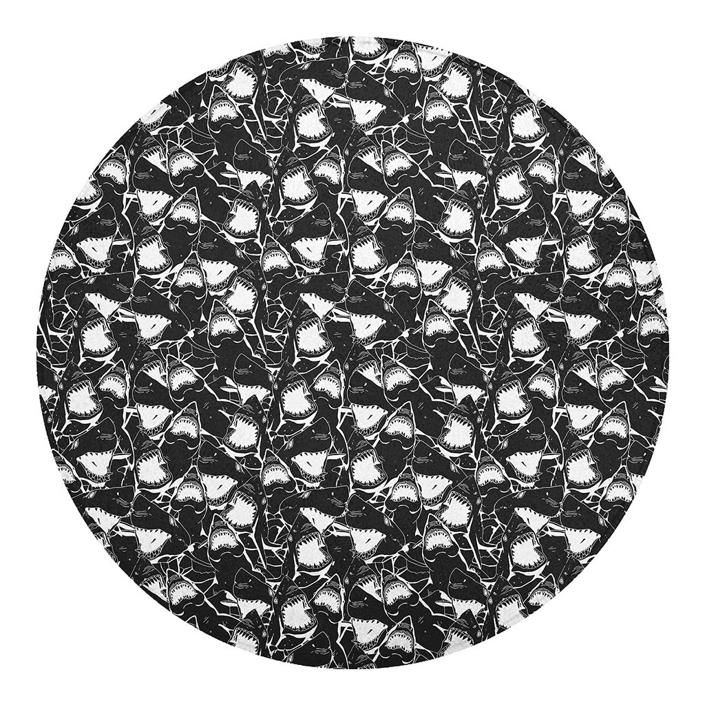Grey And White Shark Pattern Print Round Blanket