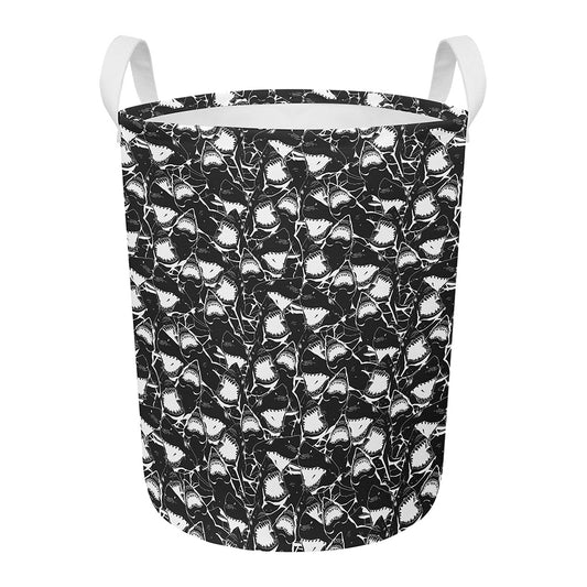 Grey And White Shark Pattern Print Round Laundry Basket