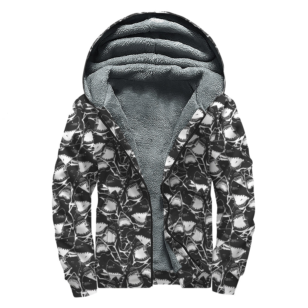 Grey And White Shark Pattern Print Sherpa Lined Zip Up Hoodie